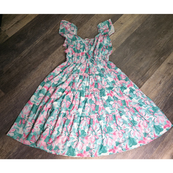 Grace Karin Dresses & Skirts - Grace Karin Womens 2XL Pink Teal Floral Tiered Midi Dress Flutter Sleeve NWOT